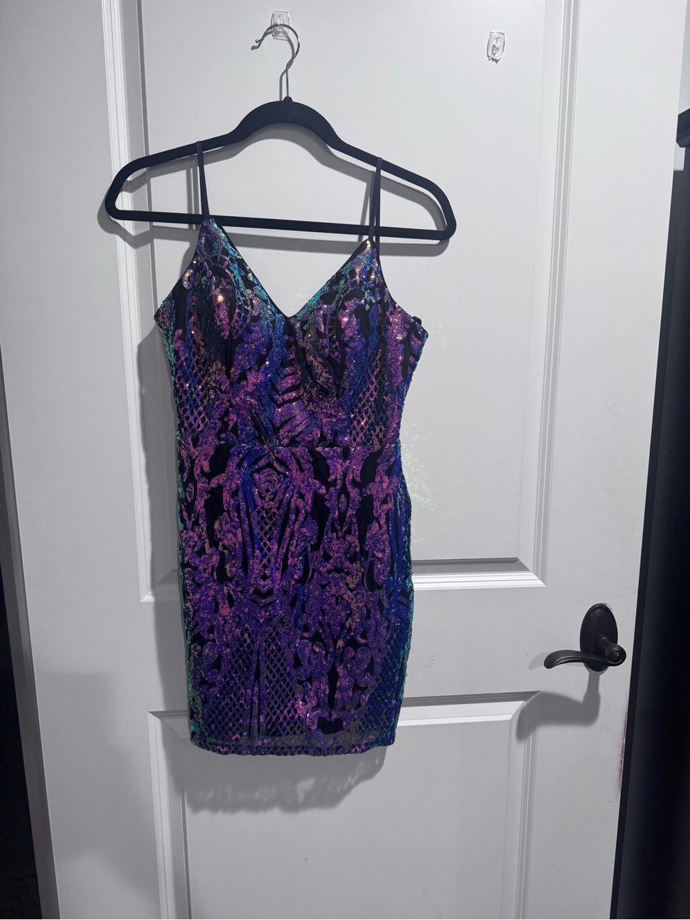 V-Neck Sequin Bodycon Dress in Purple and Teal